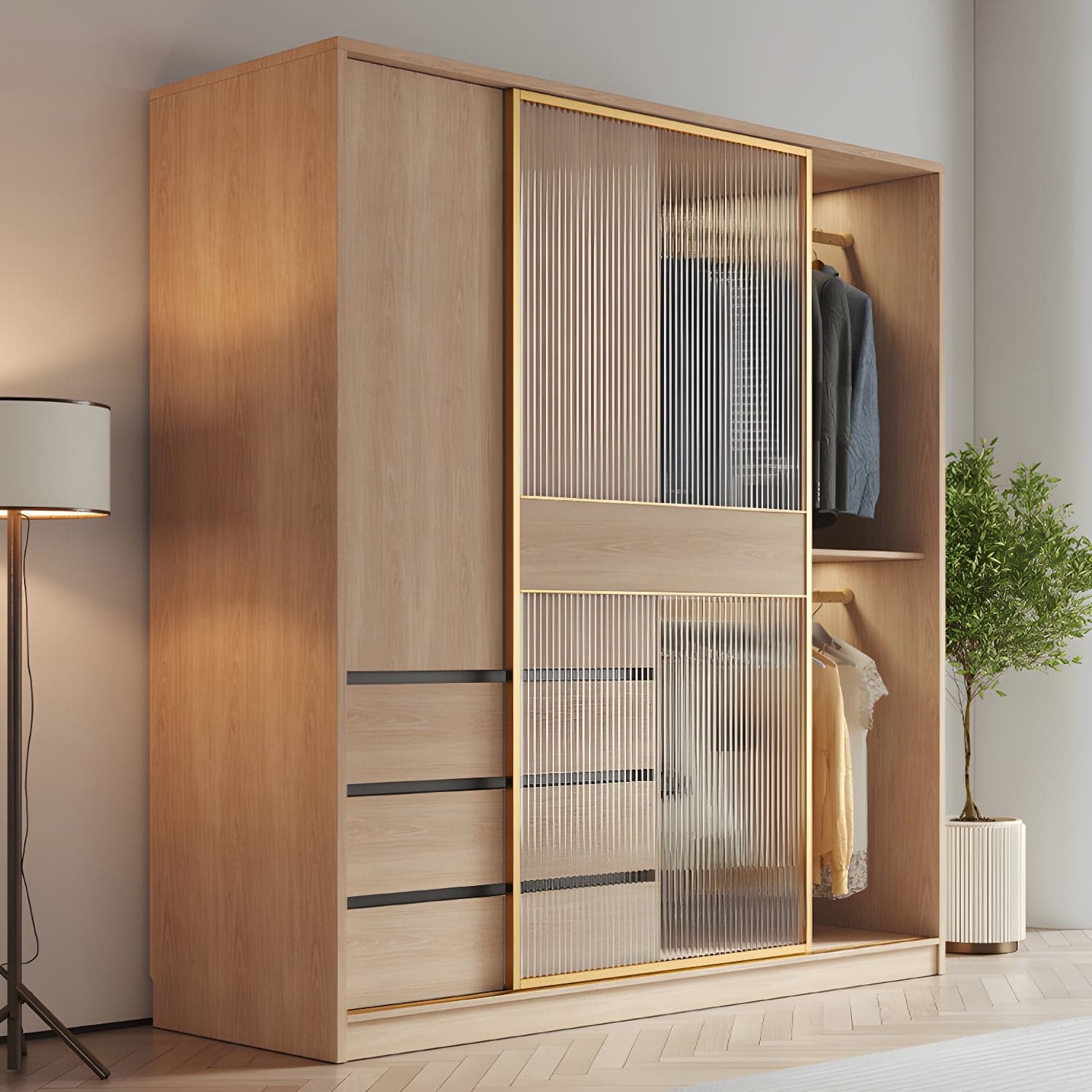 Contemporary Glass Sliding Doors Wardrobe Natural Wood Wardrobe with Drawers thumbnail 4