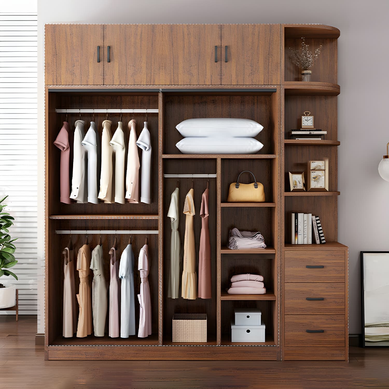Modern Wooden Wardrobe Armoire with 3 Clothing Rods and Interior Shelves thumbnail 3