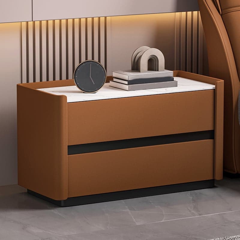 Modern Faux Leather Nightstand with 2 Drawers in Stone Countertop thumbnail 9