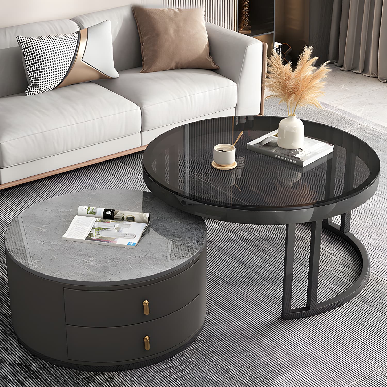 Round Nesting Coffee Table Set Frame Modern Storage Coffee Table thumbnail 13