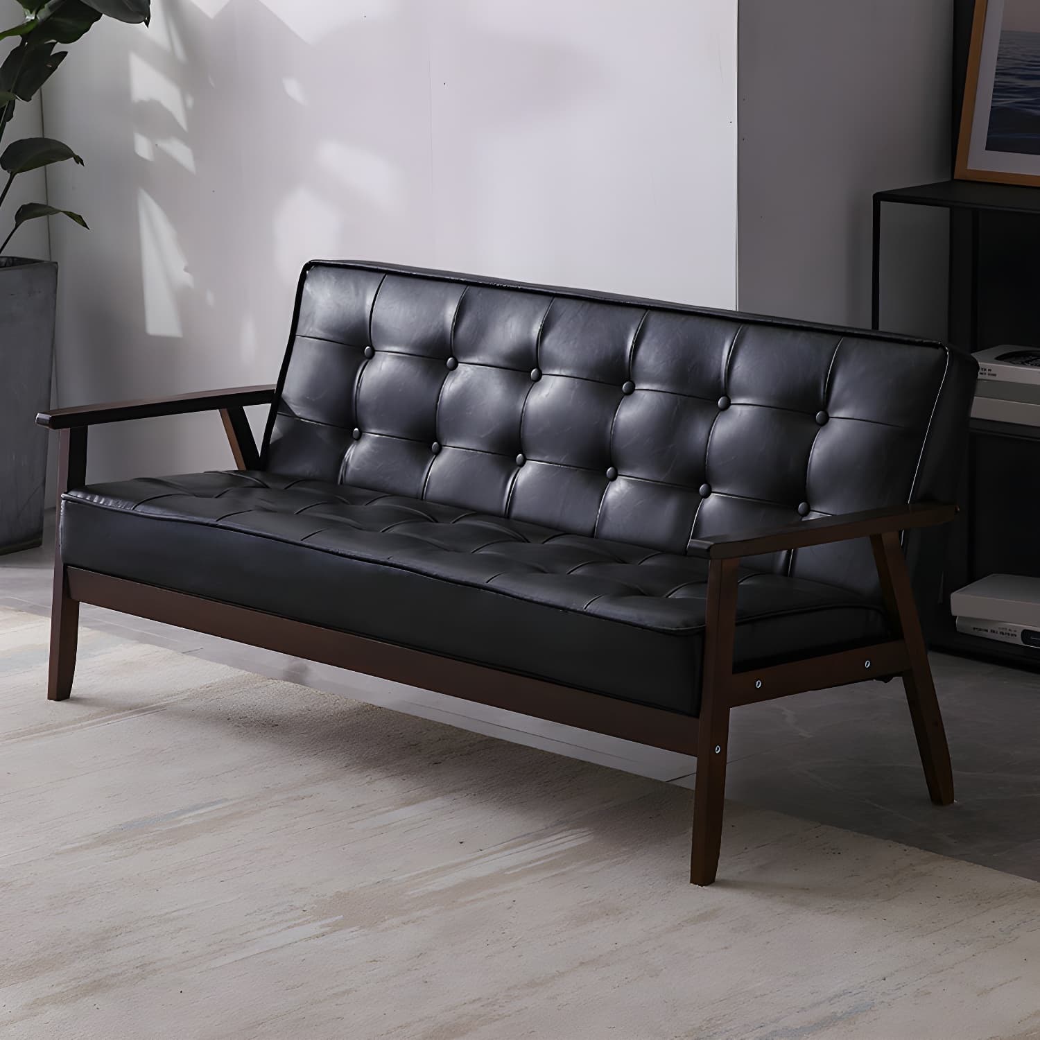 Mid-Century Modern Pine Wood Sofa with Tufted Back and Single Cushion Design thumbnail 17