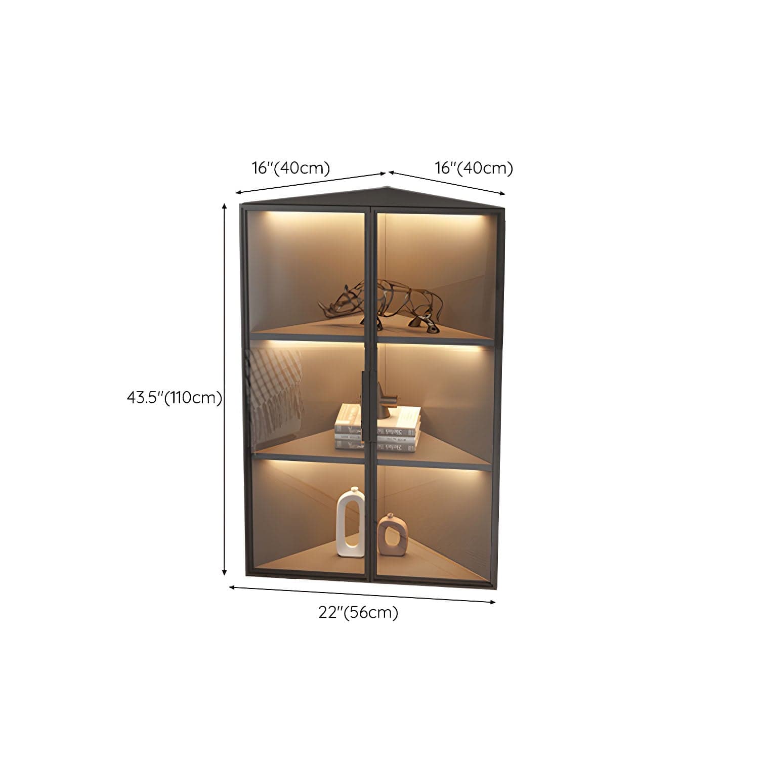 Corner Modern Accent Cabinet with Black Metal Base and Glass Doors, Black Wood Counter Top thumbnail 18