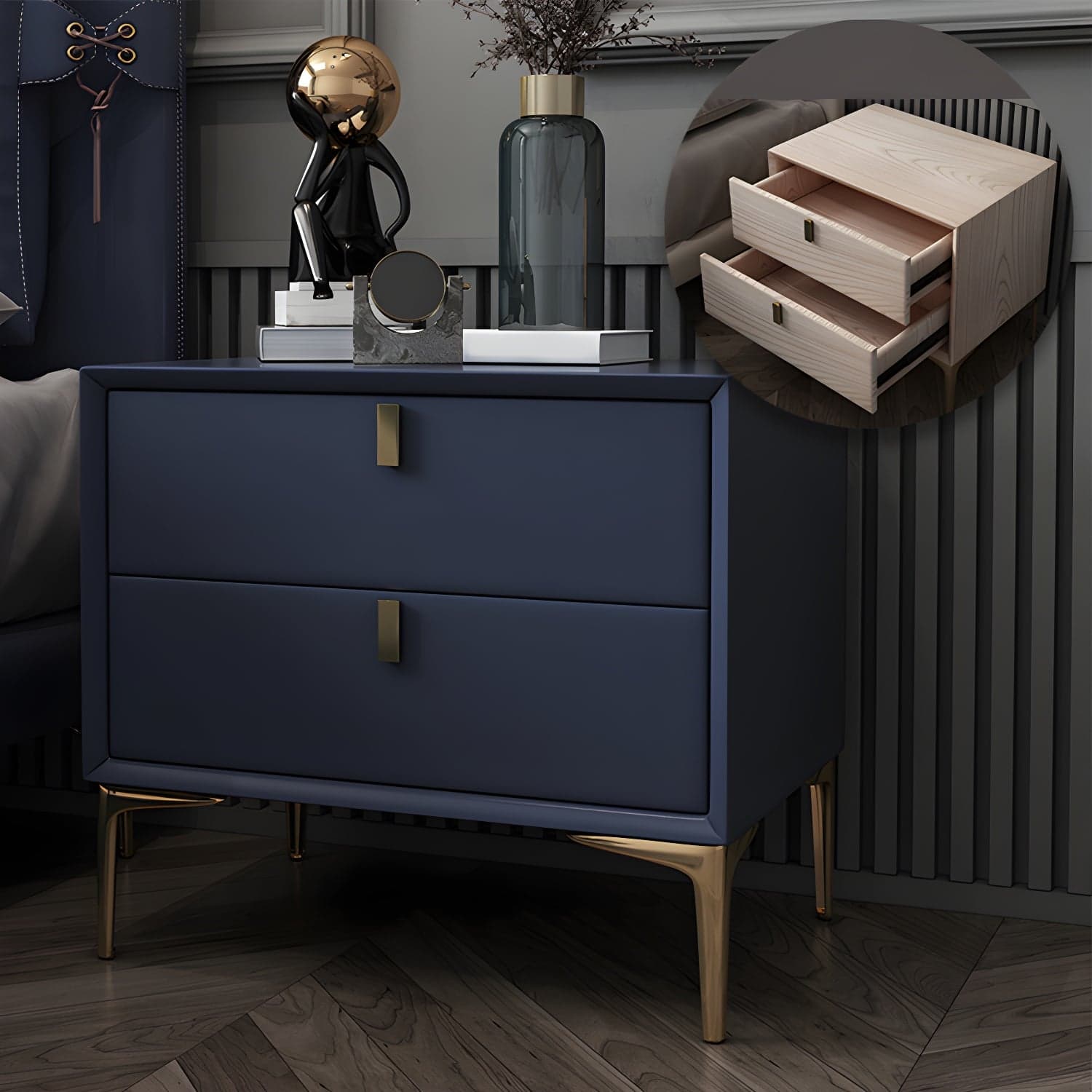 2 Drawer Solid Wood Modern Night Table Drawer Storage Bed Nightstand thumbnail 3