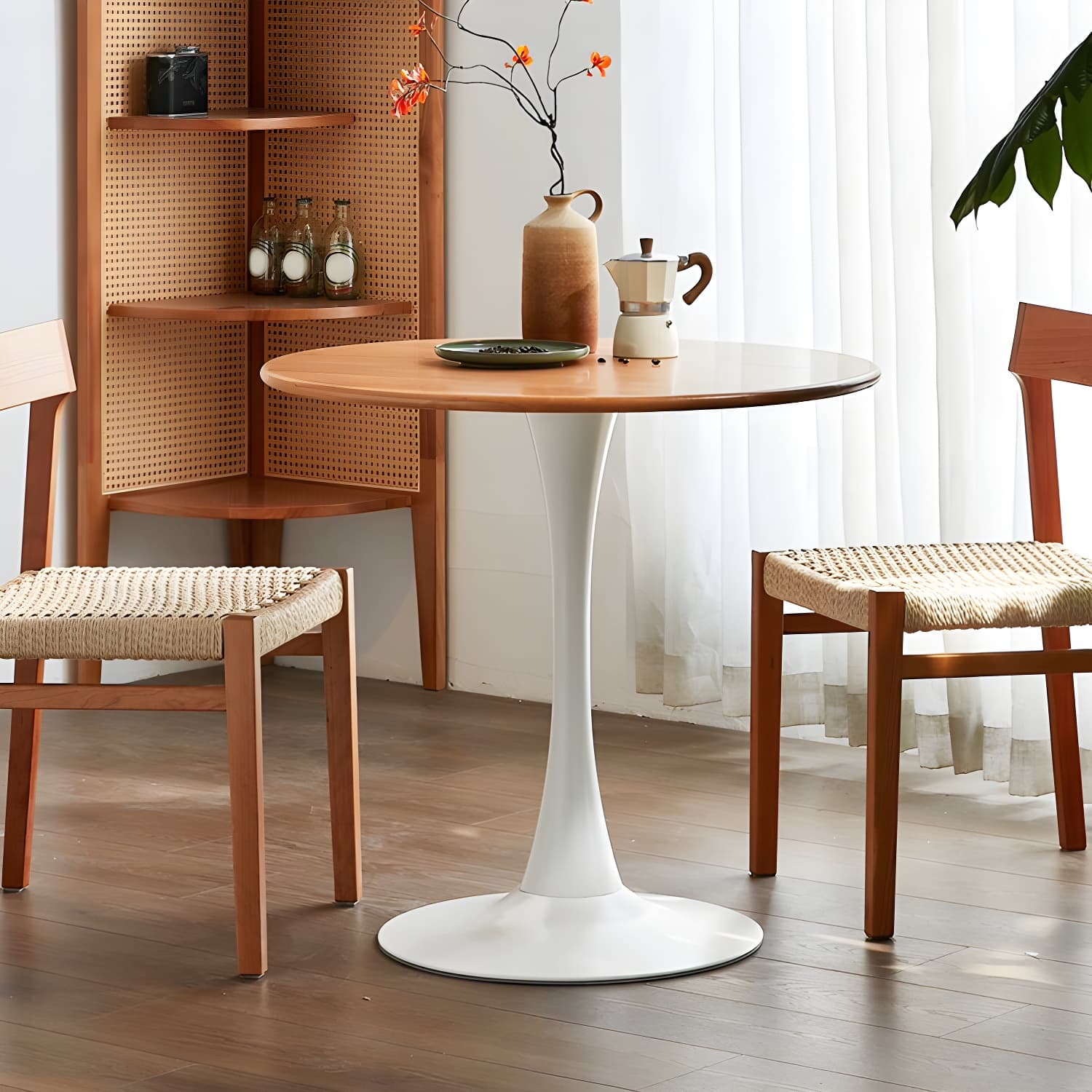 Chic Round Wood Dining Table with Medium Wood Tone and Sleek Steel Tulip Base thumbnail 5