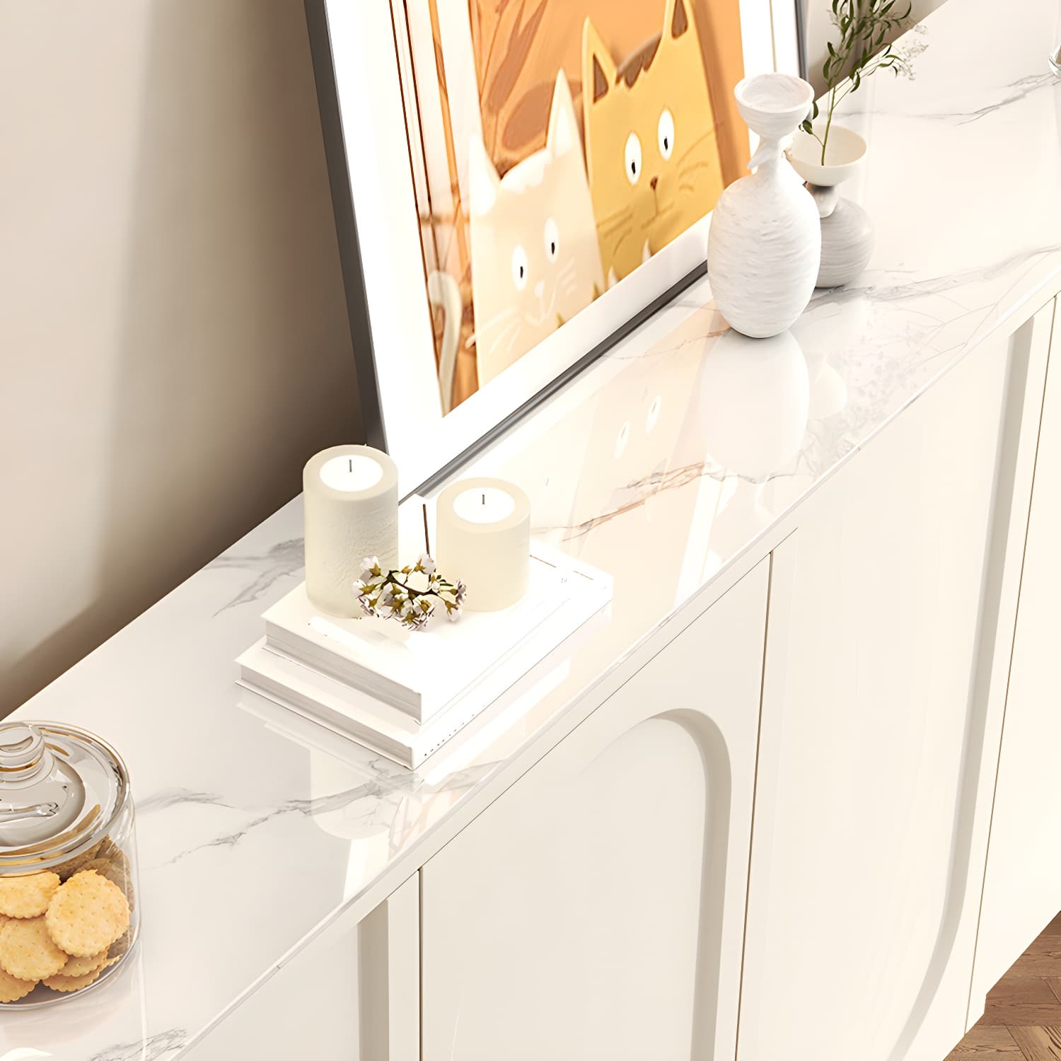 Scandinavian Wood Buffet Sideboard Cabinet with Stone Countertop Shelves Included thumbnail 11