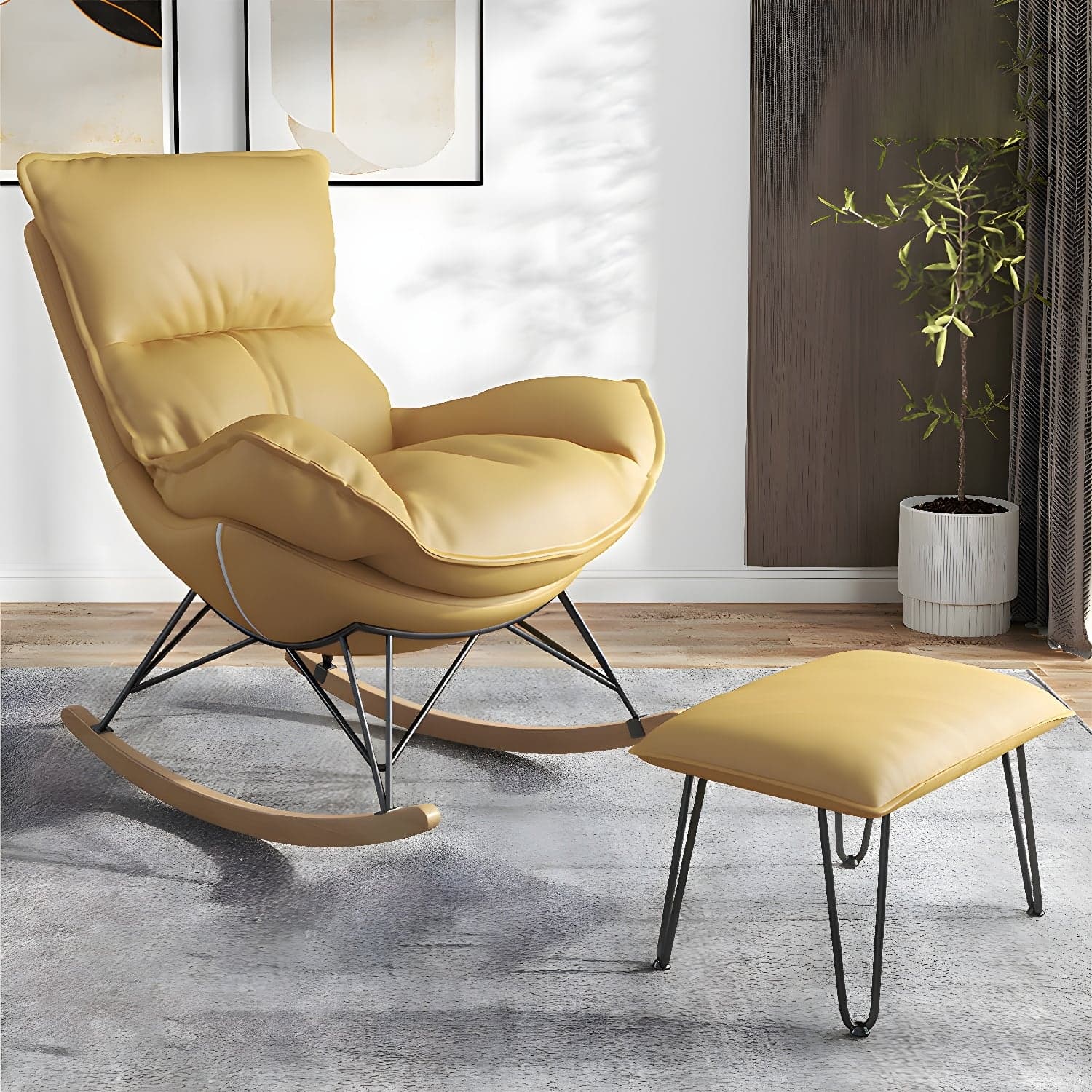 Modern Upholstered Rocking Chair and Ottoman Set - Natural Wood Legs, Stylish Design for Home Decor thumbnail 8