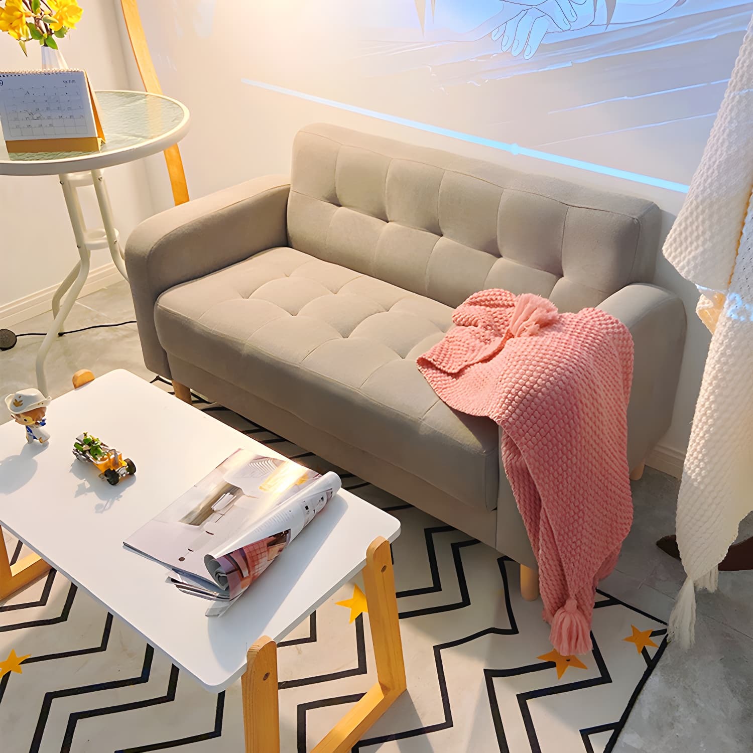 Tufted Fabric Sofa with Four Wooden Legs Square Tufted Sofa for Bonus Room thumbnail 16