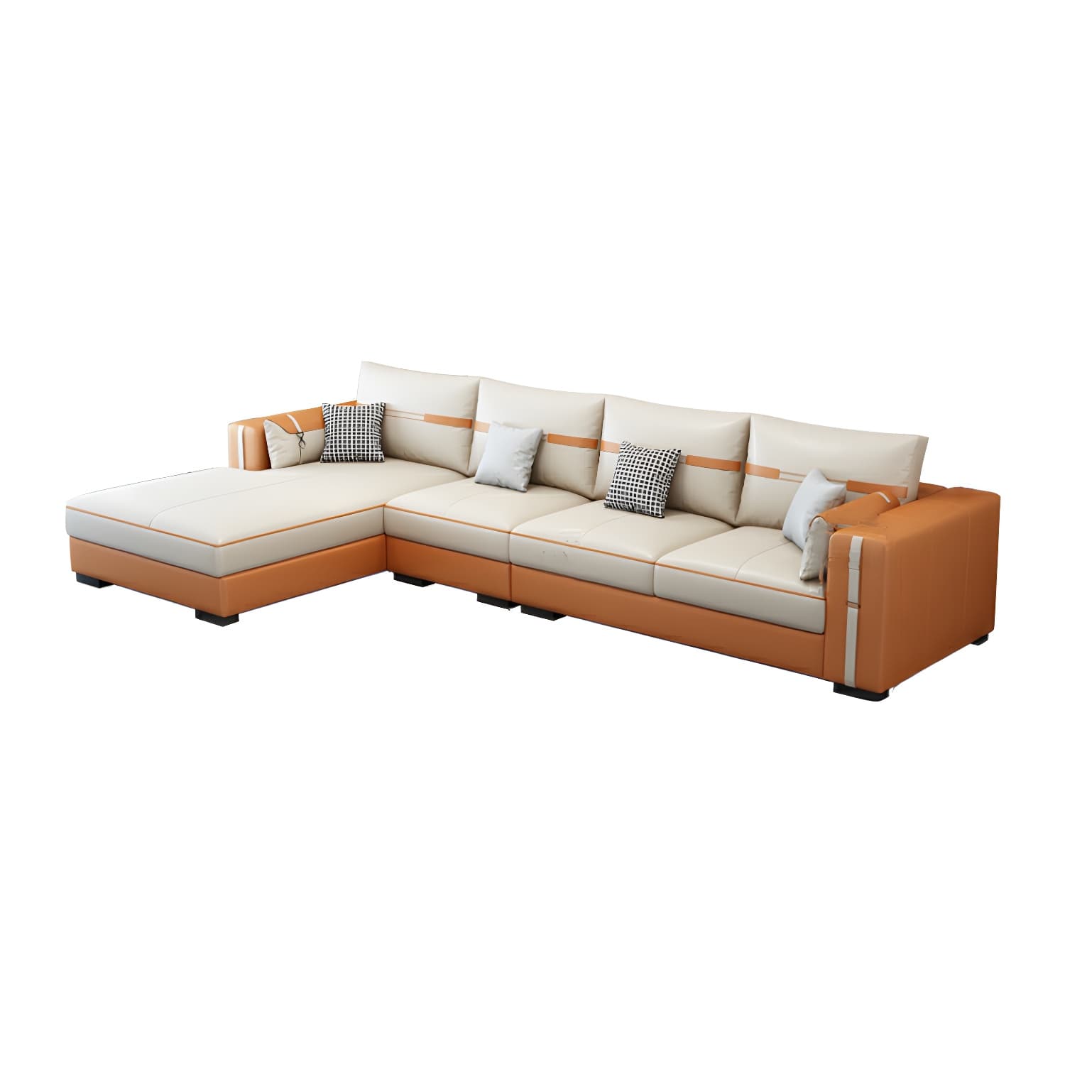 Scandinavian Wood Frame Beige Faux Leather Stationary Sectional Sofa with Cushion Back thumbnail 10
