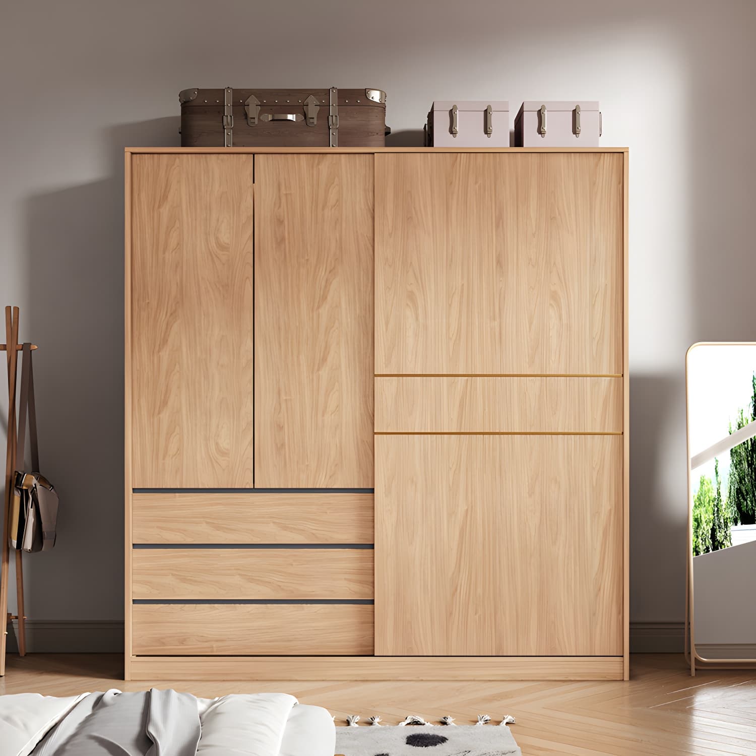 Natural Finish Wardrobe Armoire Sliding Wardrobe Cabinet with Drawer