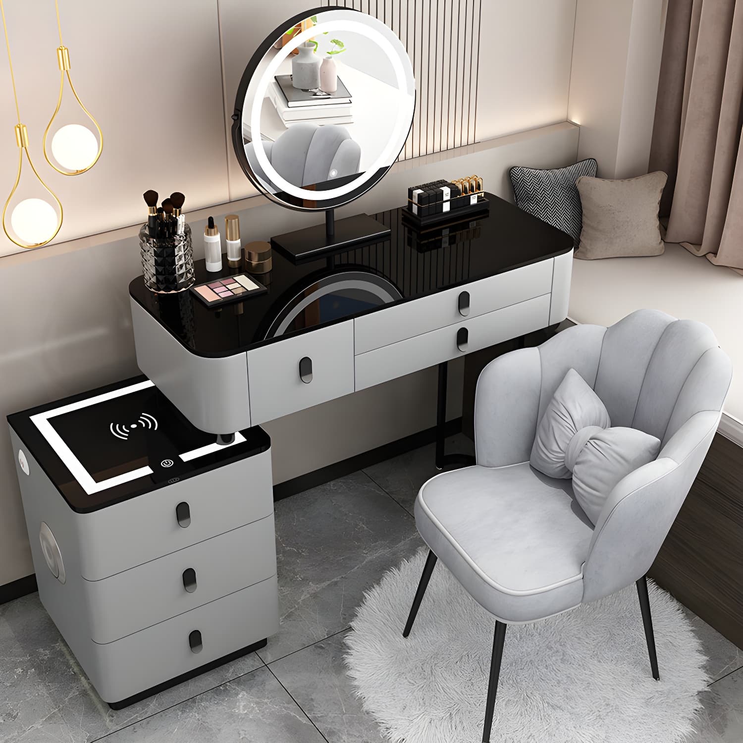 Glass Top Makeup Vanity Desk Lighted Mirror Makeup Vanity Set thumbnail 6