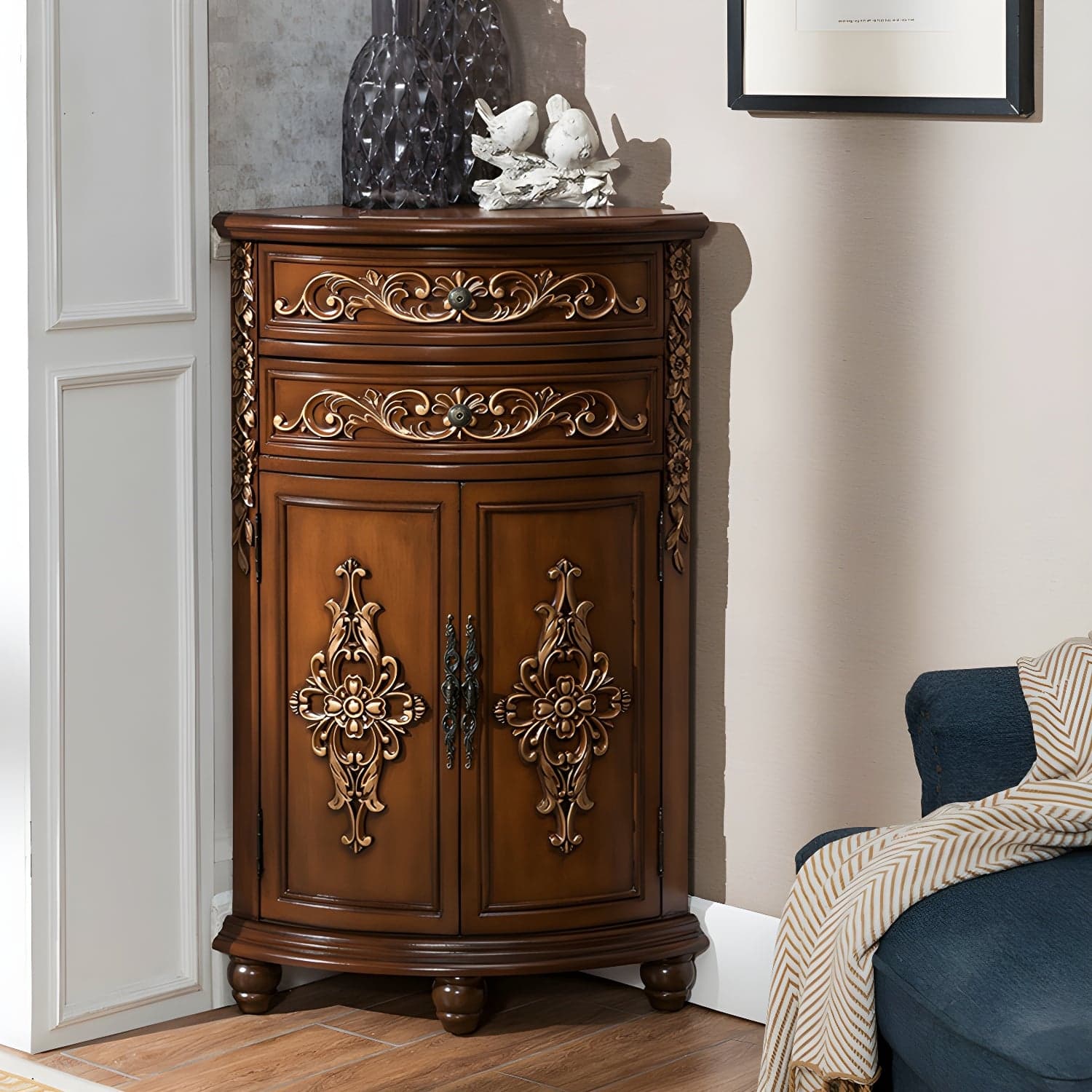 Traditional Bar Pulls Solid Wood Corner Accent Cabinet with Doors thumbnail 3