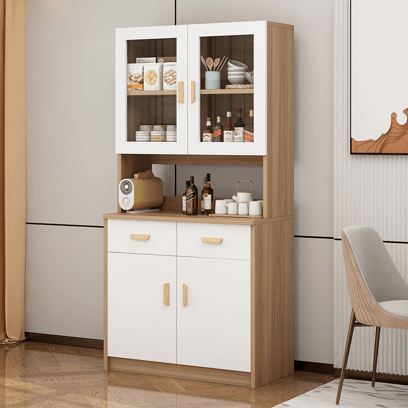 Modern Glass Doors Freestanding Wood Countertop Sideboard with Kitchen Appliance Storage