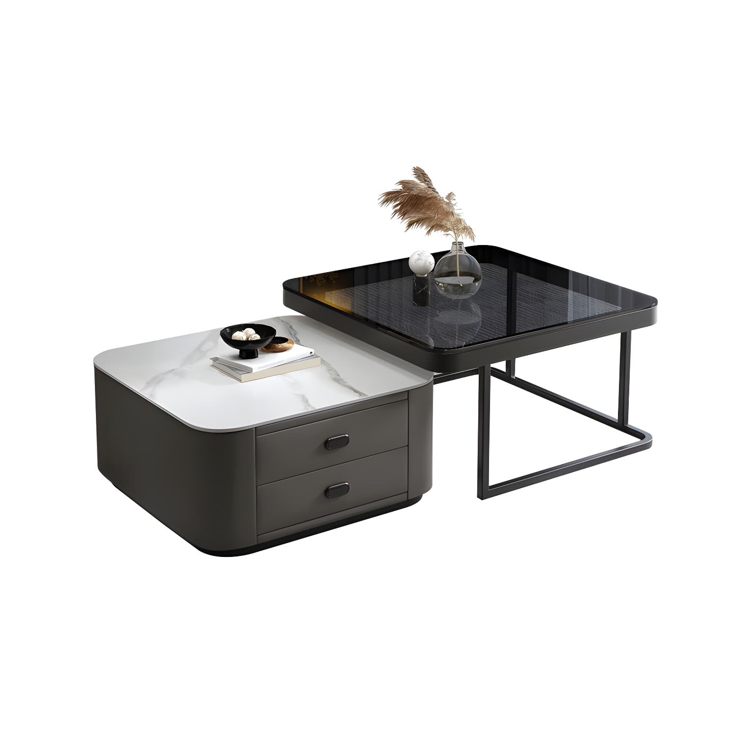 Square Coffee Table Glass Top 2 Nesting Coffee Table Set with Storage thumbnail 6