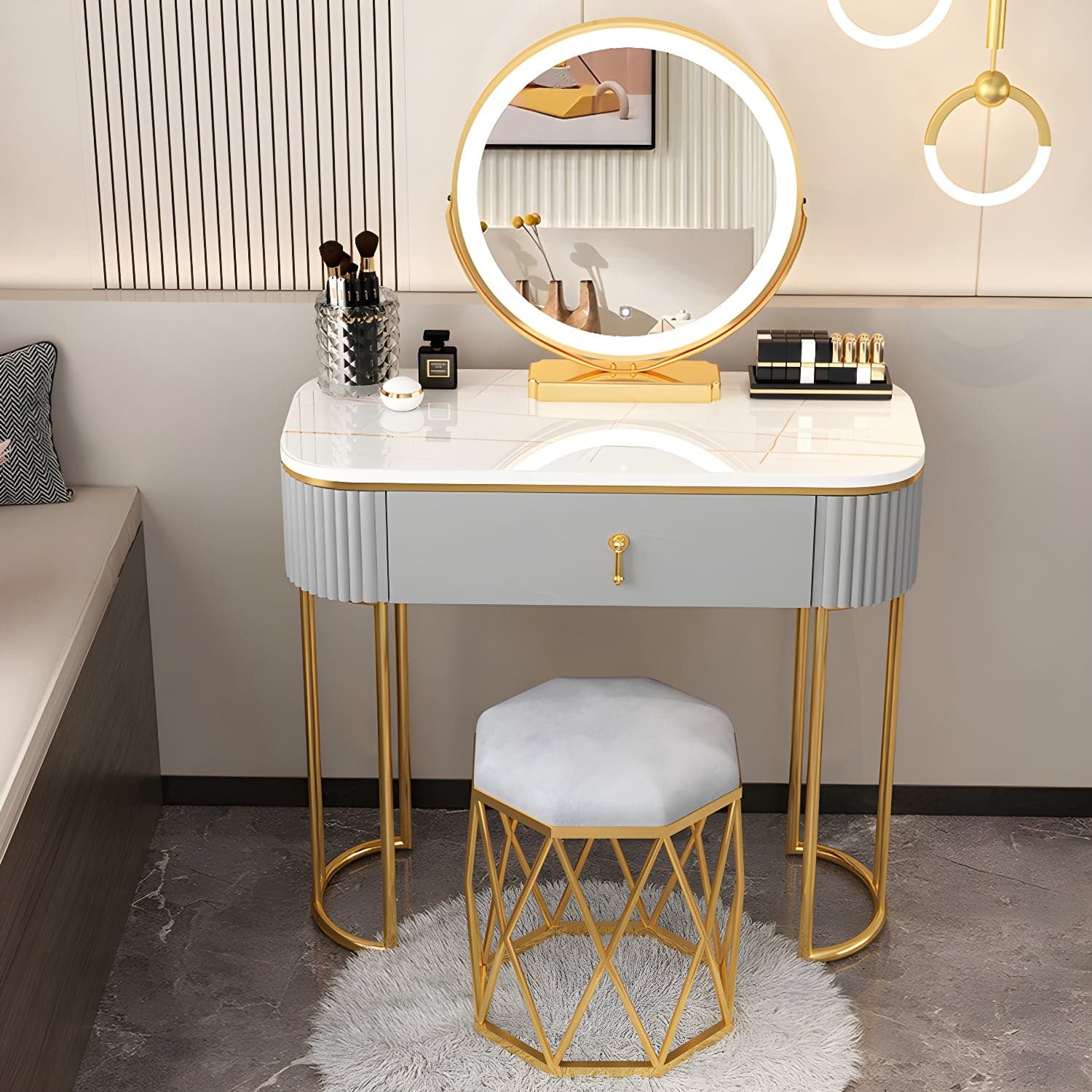 Removable Makeup Counter Lighted Mirror Vanity Dressing Table with Drawer thumbnail 2