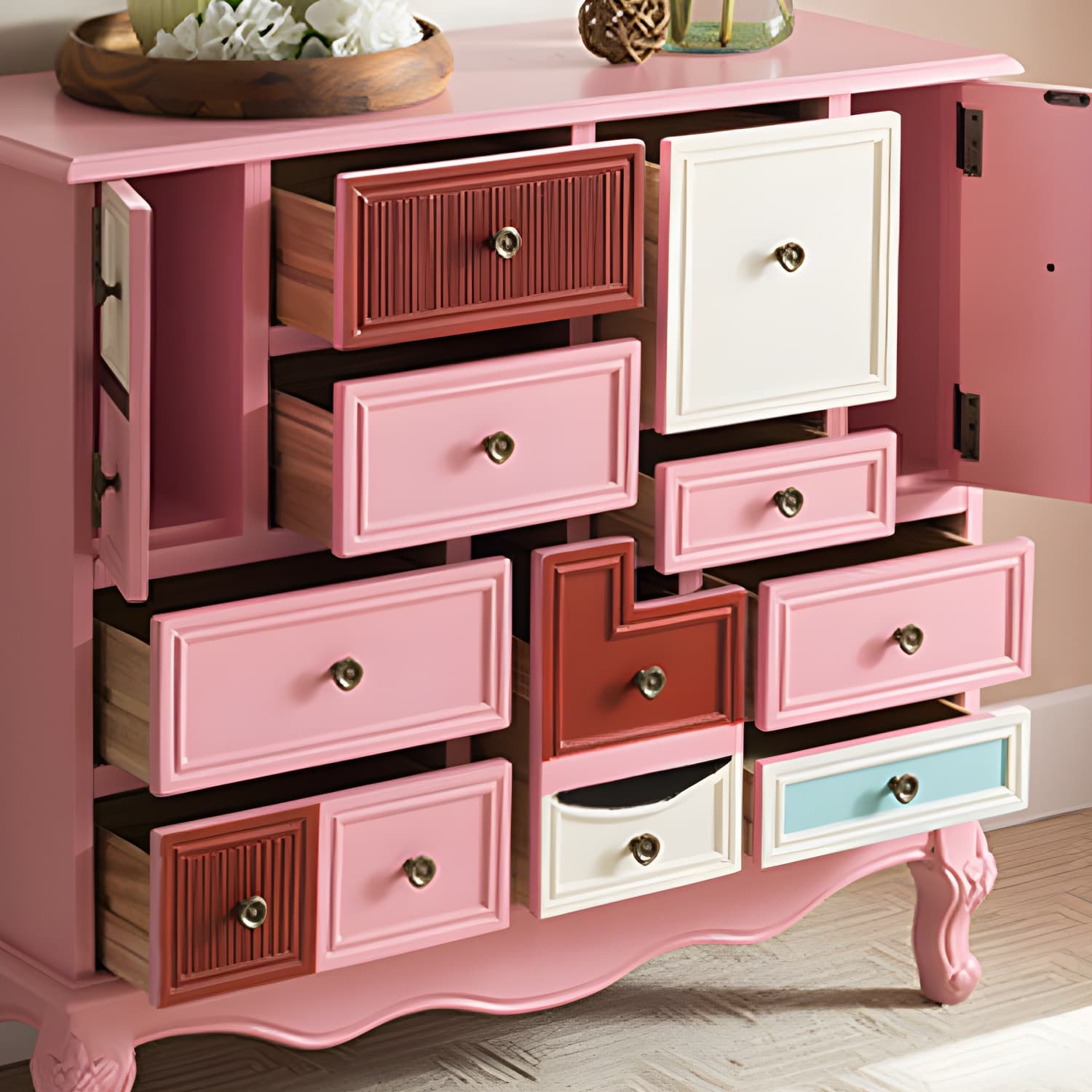 Industrial Painted Accent Cabinet with Drawers Solid Wood Chest thumbnail 22