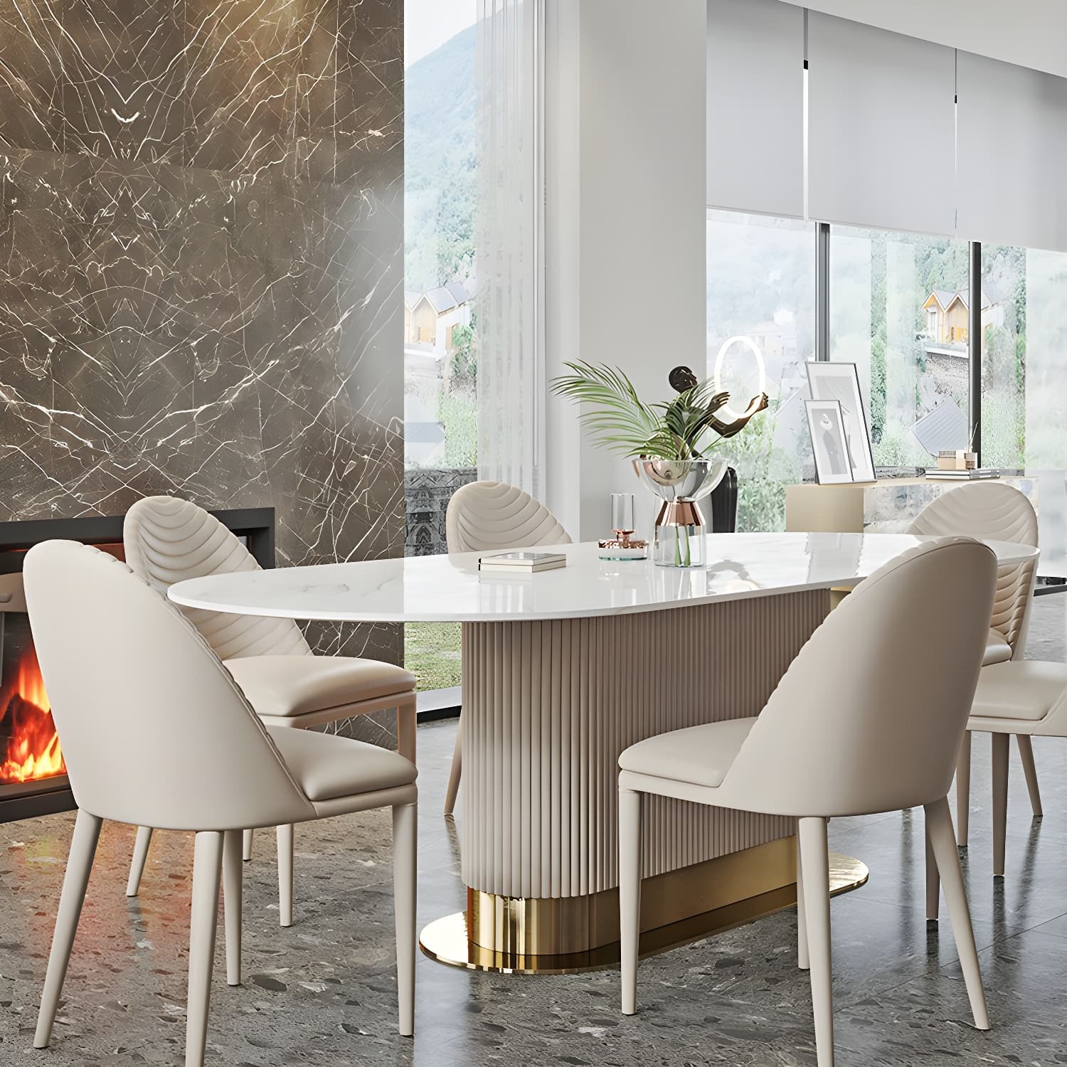 Oval Shape Fixed Kitchen Table Sintered Stone Pedestal Dining Table thumbnail 2