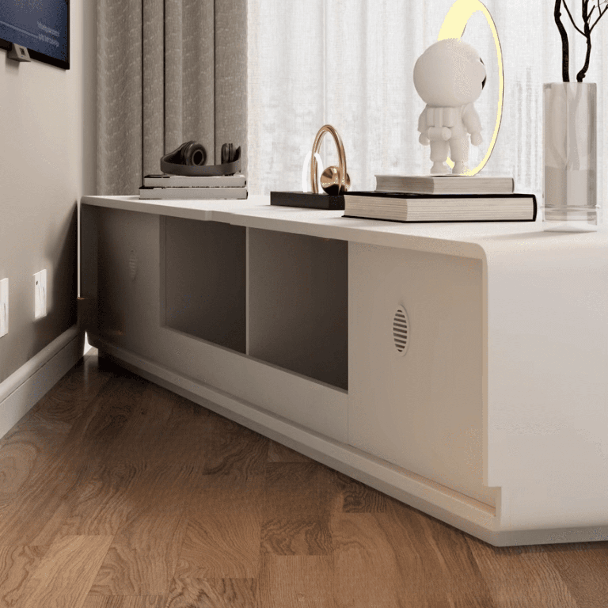 Simple White Lumber TV Stand with Cable Management & 3 Drawers/4 Drawers/6-Drawer thumbnail 5