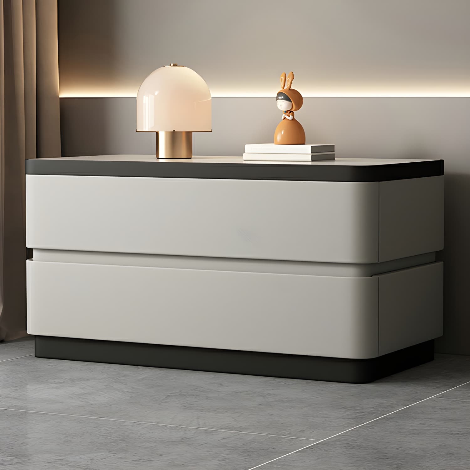 Modern Faux Leather Nightstand with 2 Drawers and Stone Countertop for Bedroom thumbnail 6
