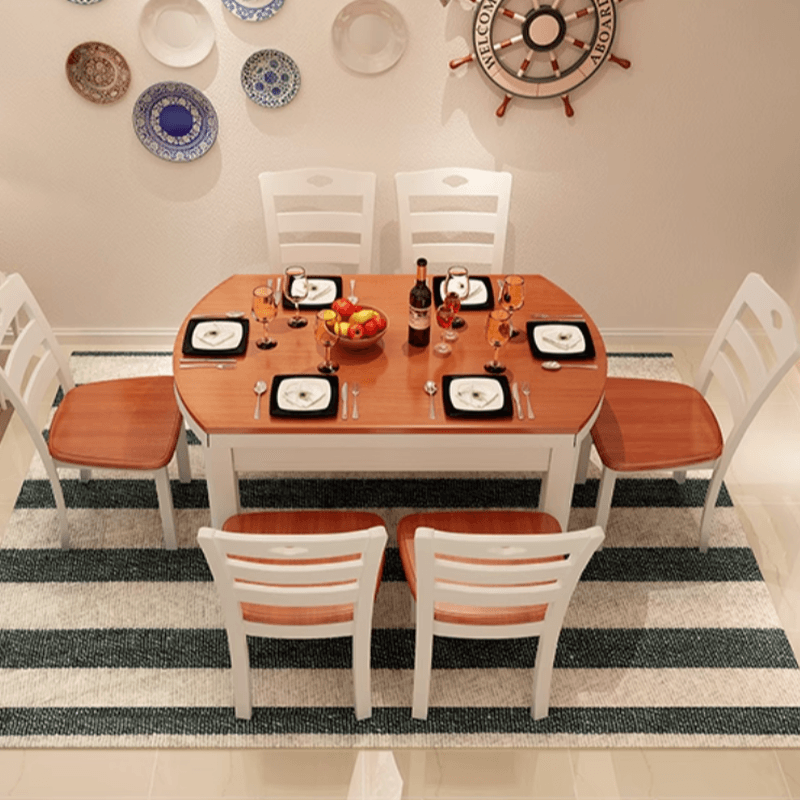 Dining Table Set with Rounded Wood Slab Top, 4 Legs, Drop Leaf, Back Seat, in White/Auburn/Amber Color thumbnail 4