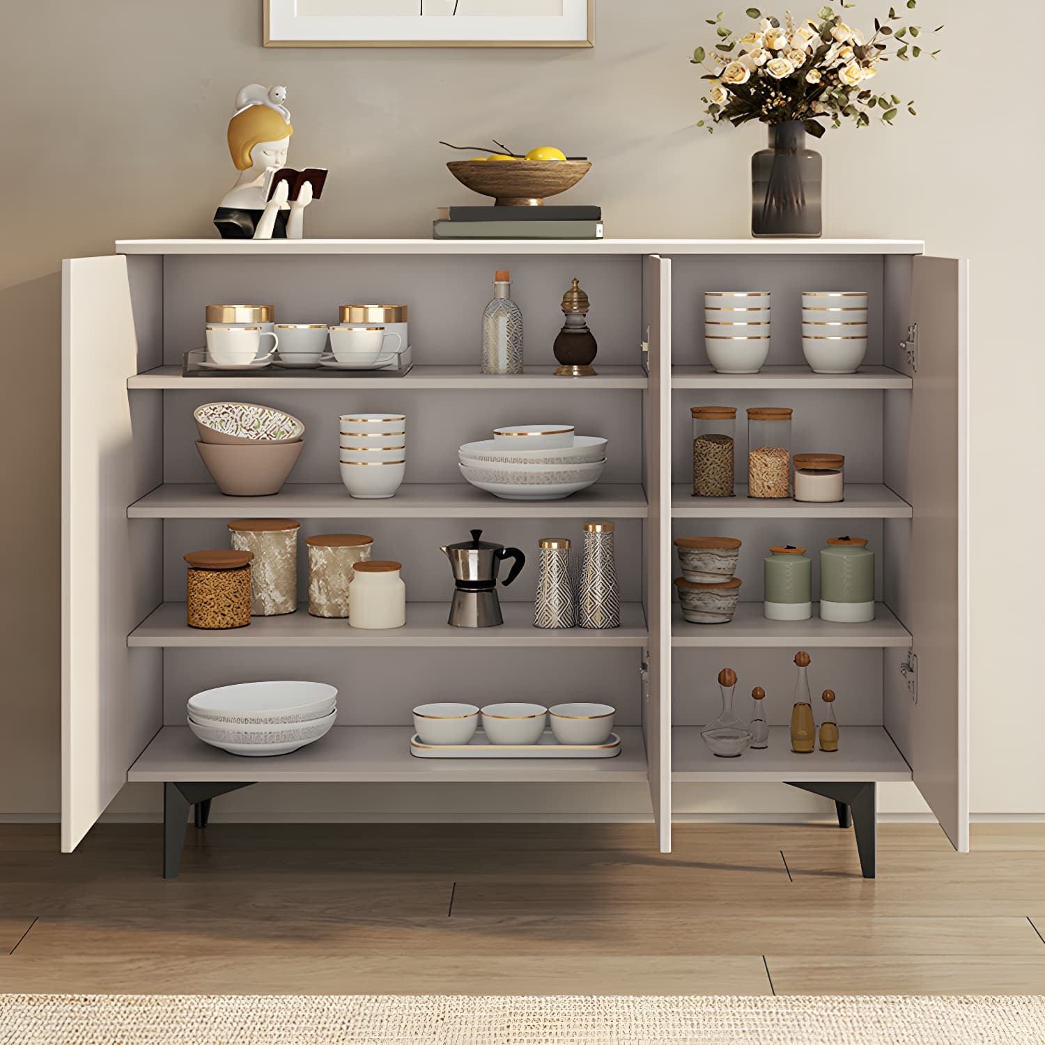 Modern White Wood Sideboard Credenza with Adjustable Shelving and 6 Interior Shelves thumbnail 11