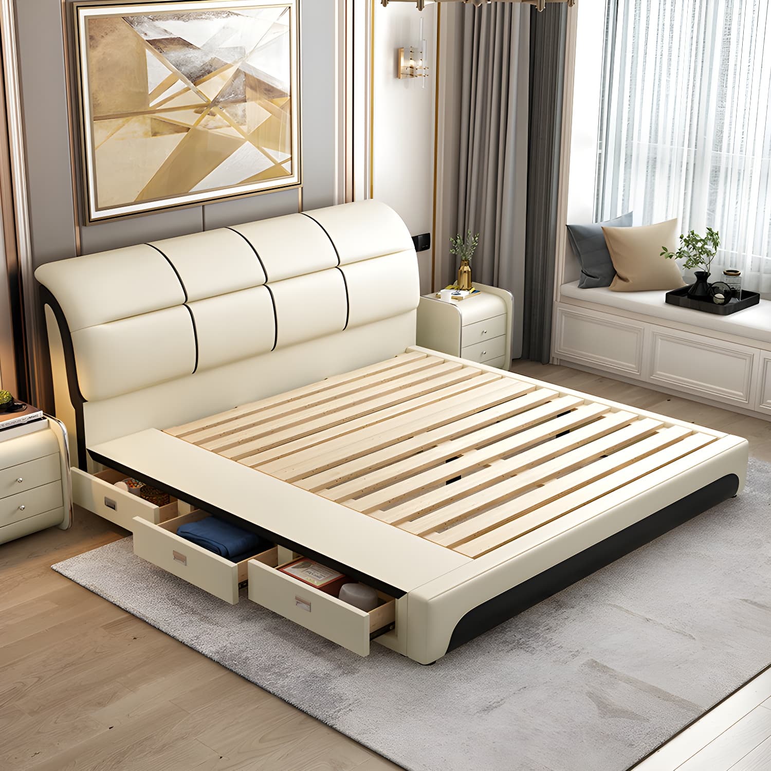 Glam Light Beige Bed Upholstered Wood Bed Frame with Headboard thumbnail 4