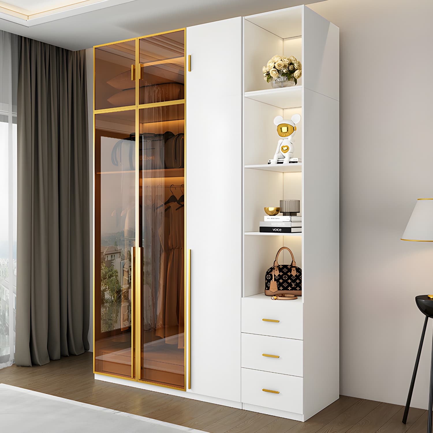 Modern White Wood Frame Wardrobe Armoire Freestanding Wardrobe with Soft Close Drawers thumbnail 10