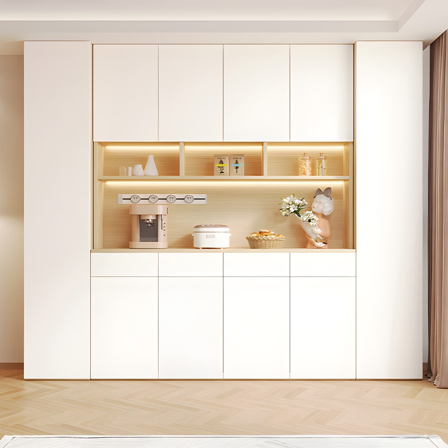 Scandinavian White Wood Buffet Sideboard Cabinet with Cabinets and Shelves
