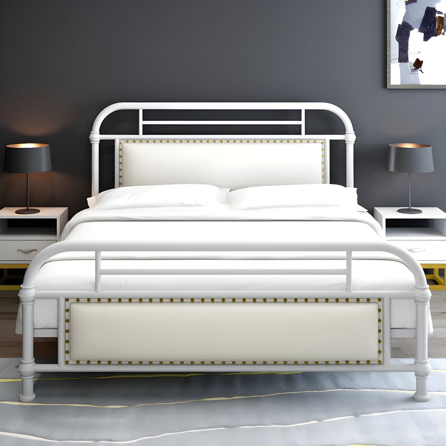 Industrial Nailhead Upholstered Bed Frame Metal 43.3" Tall Bed thumbnail 3