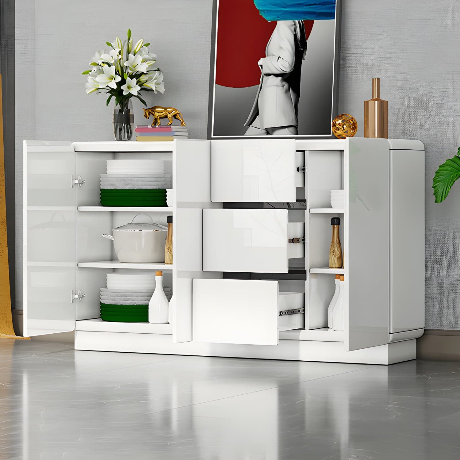 White Modern Sideboard Credenza with Adjustable Shelving and 3 Drawers thumbnail 8