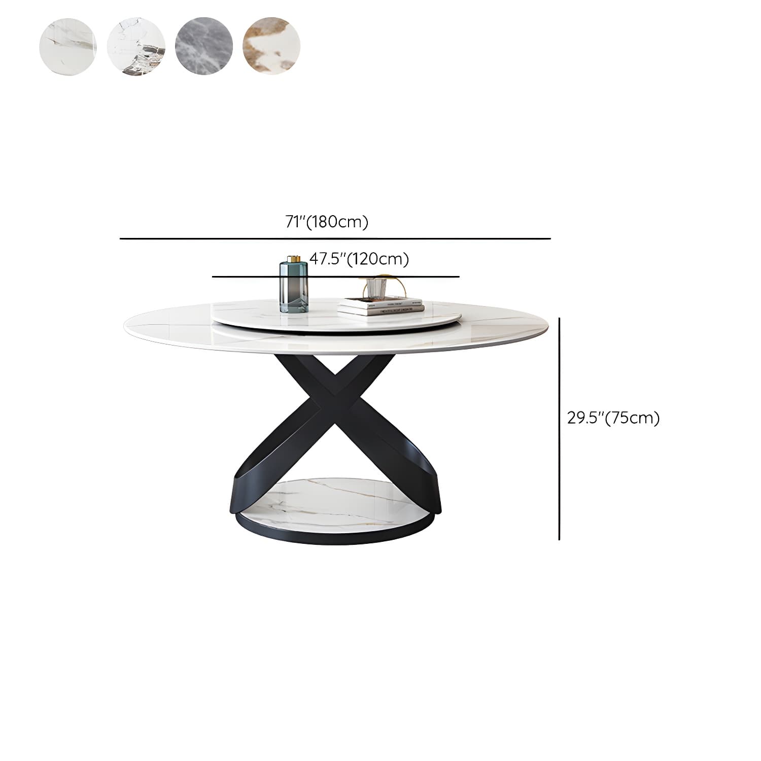Modern Round Stone Top Lazy Susan Dining Table with Black Steel Pedestal thumbnail 15