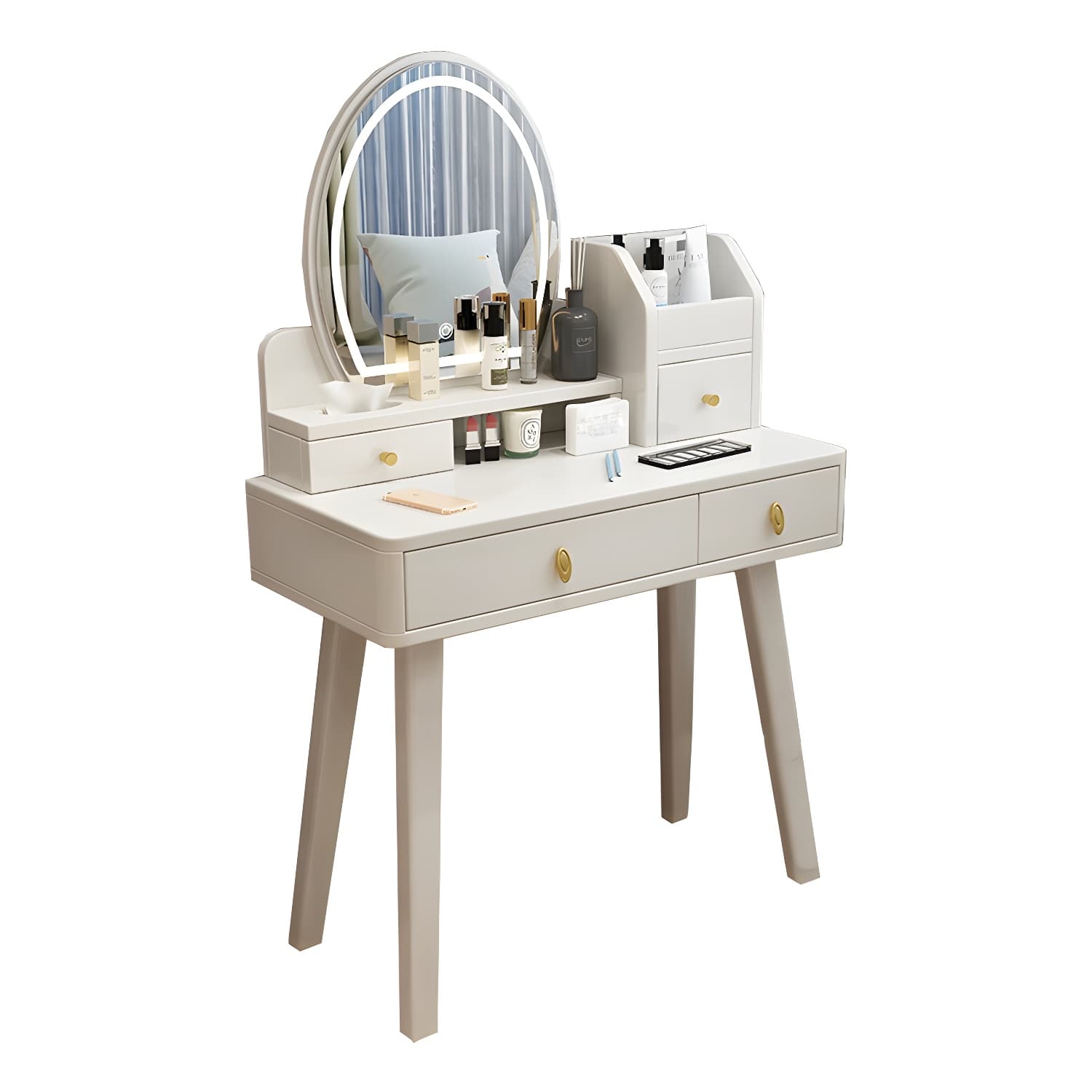 Modern Wood Makeup Vanity with Drawers, Mirror & Upholstered Chair thumbnail 17