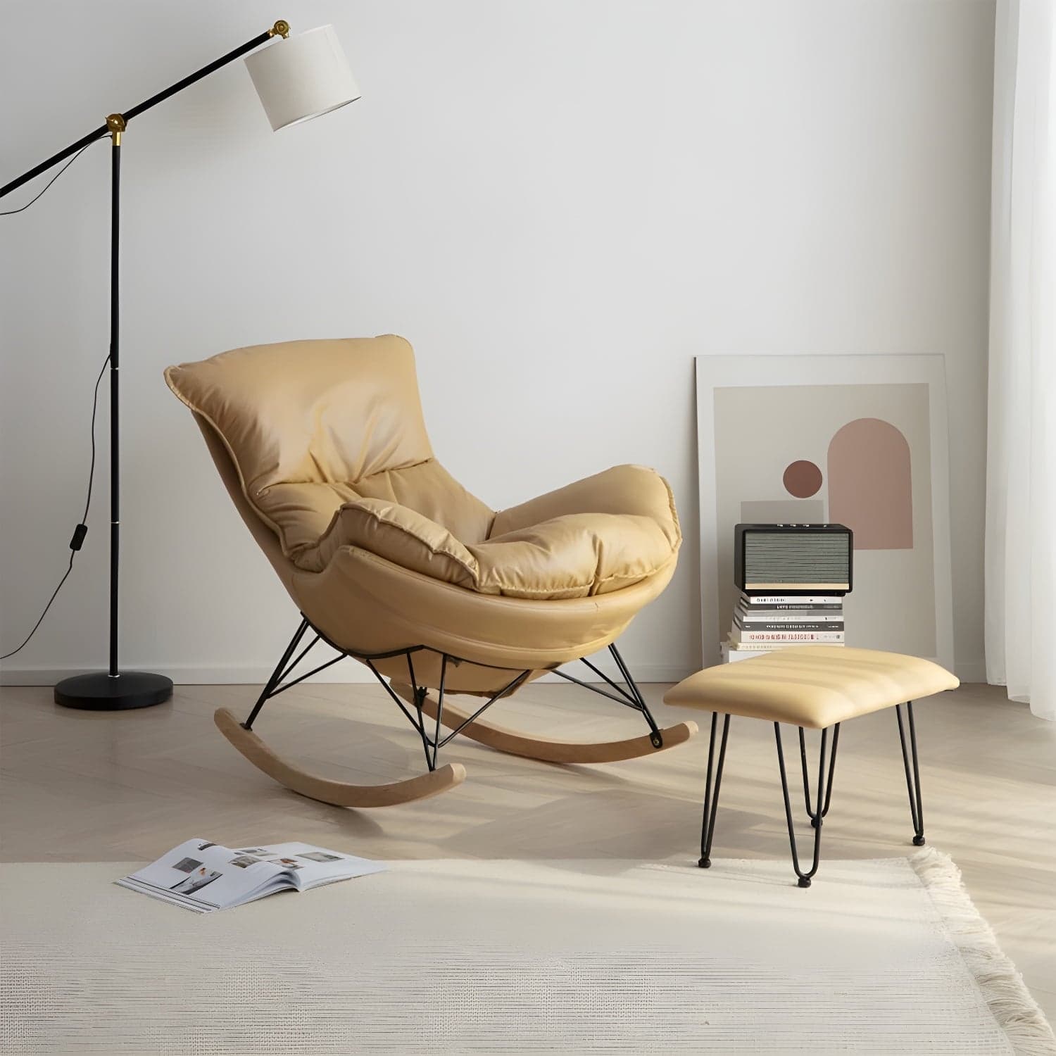 Modern Rocking Chair with Ottomans - Metal Frame, Removable Cushions, and Armless Design thumbnail 4