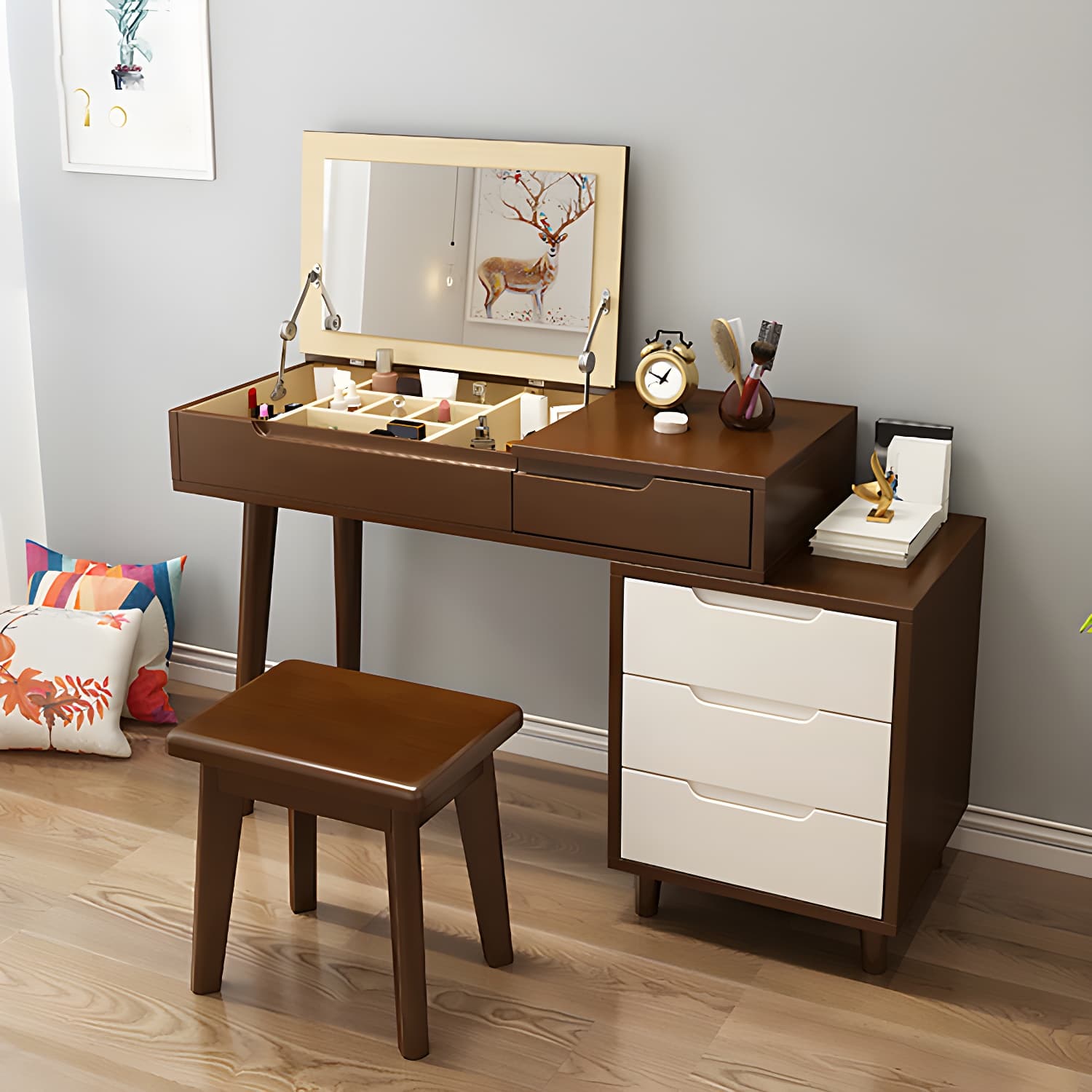 Solid Wood 1/4-Drawer Vanity Makeup Table with Mirror and Stool - 17.72" D thumbnail 17