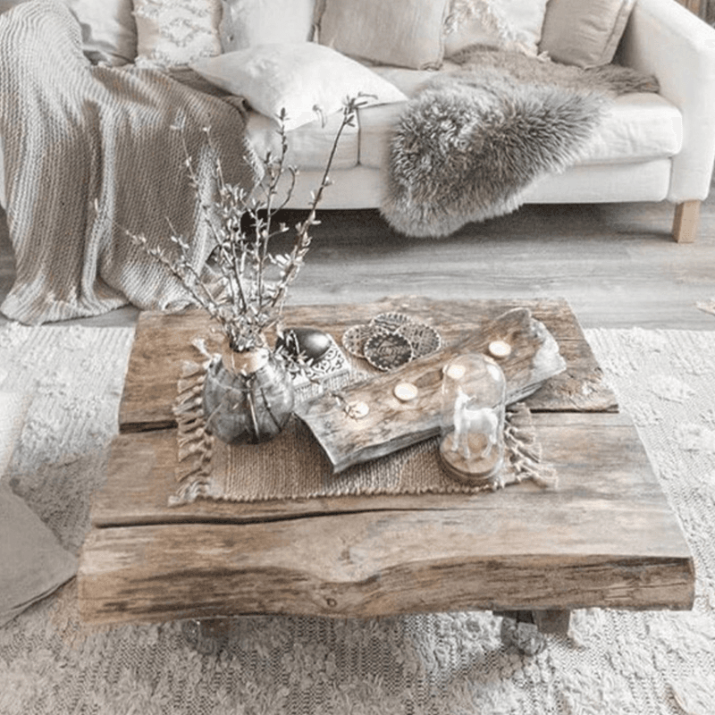 Classic Weathered Wood Wagon Wheel Pine Square Coffee Table with Rotating Roller Wheels for Home thumbnail 4