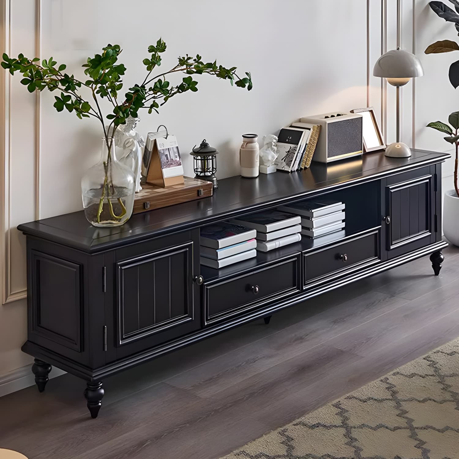 Modern Wood TV Stand with Open Storage & Cabinet Included - Standard Height - 3 Cabinets - With Legs thumbnail 5