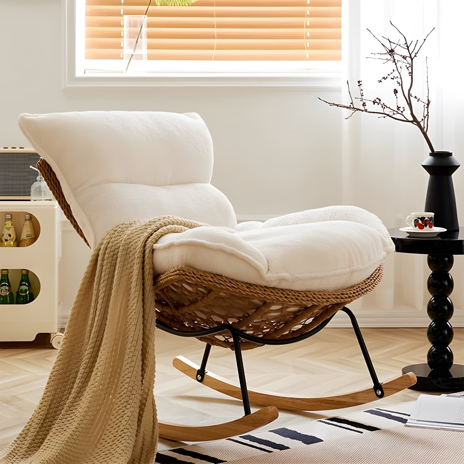 Elegant Walnut Wood Rocking Chair for Modern Living - Upholstered Seating and Stylish Track Arms thumbnail 9
