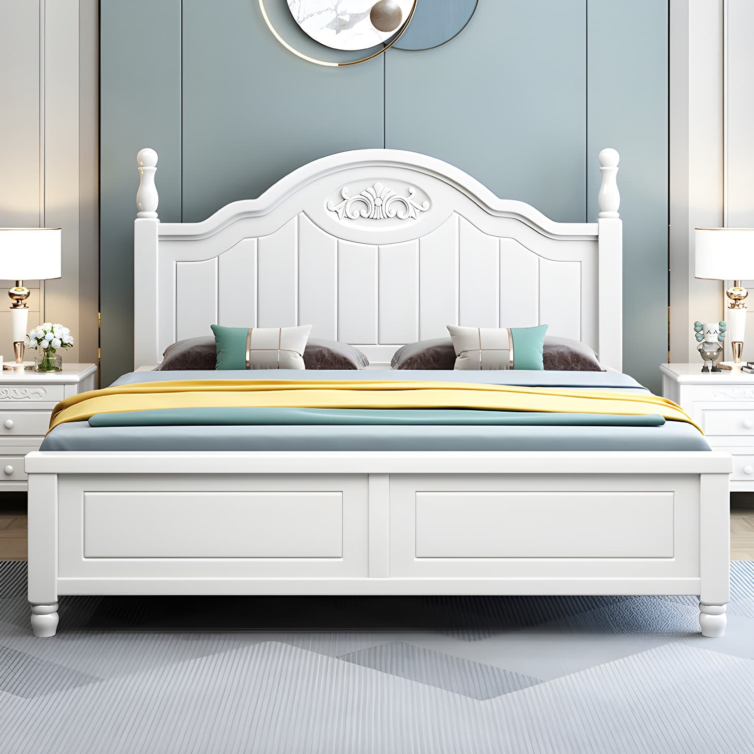 French Country Bed 83.46" Long Bed with Arched Headboard in White thumbnail 1