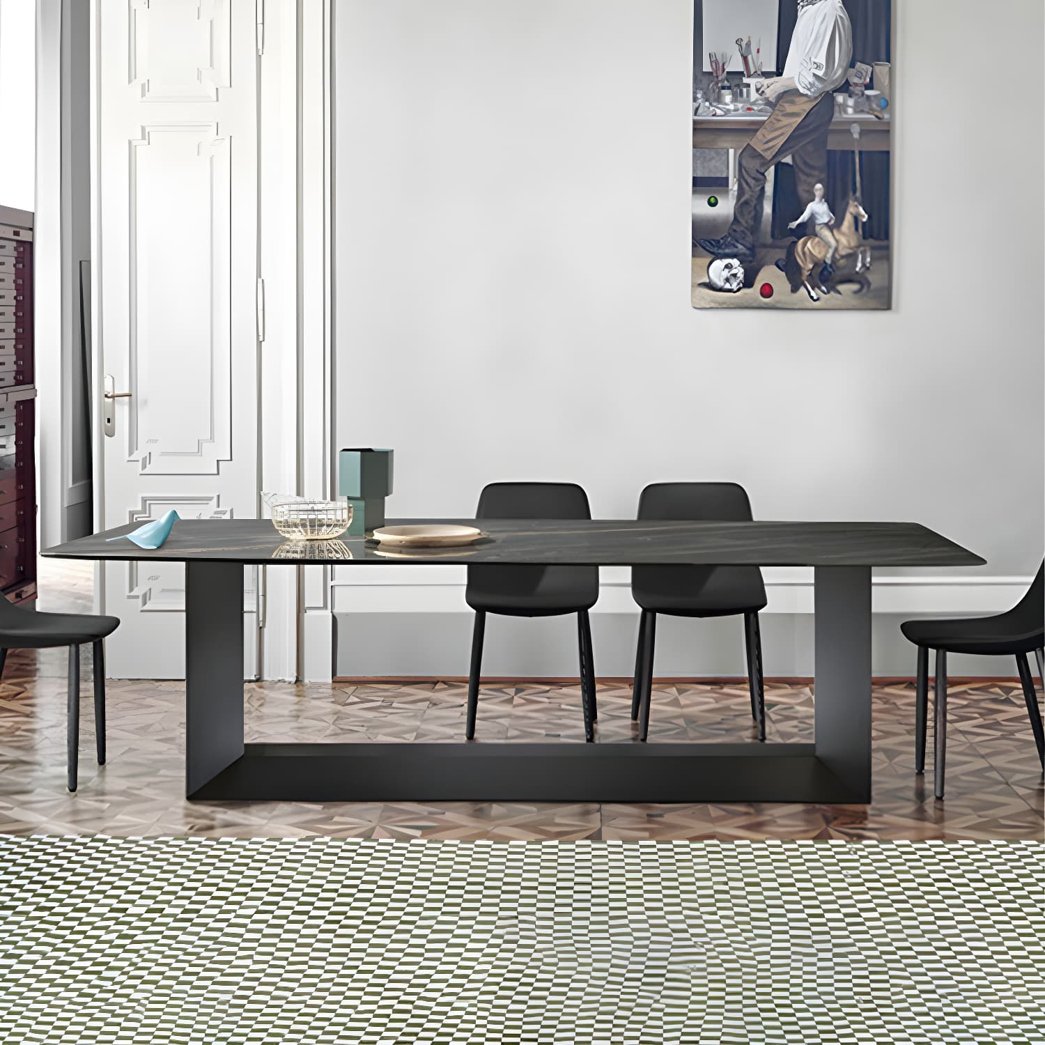 Rectangle Stone and Metal Dining table Modern Trestle Base Dining Table thumbnail 11