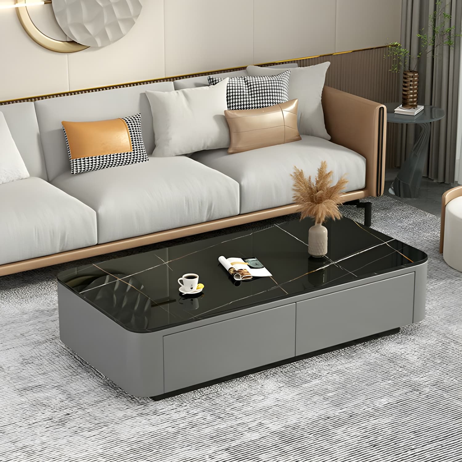 Modern Rectangular Coffee Table with Tempered Glass Top & Black Wood Base thumbnail 11