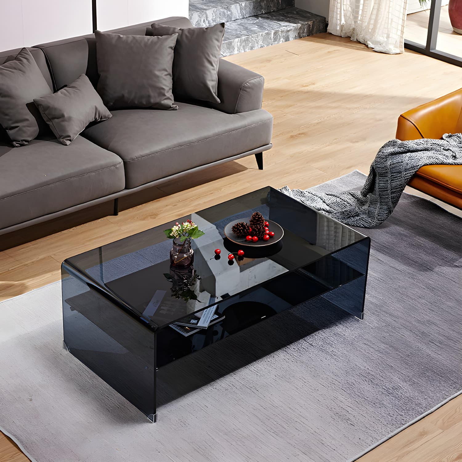 15.7"H Modern Sled Base White/black Glass Square Coffee Table with Shelf thumbnail 4
