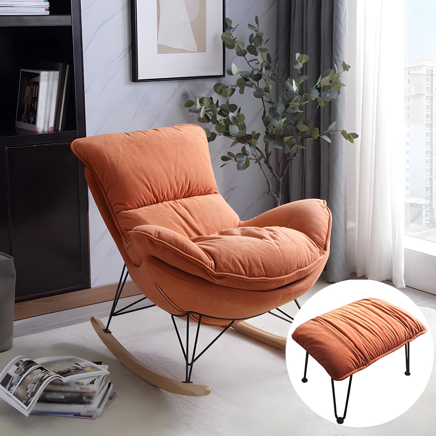 Ergonomic with Ottoman Rocker Chair with Padded Seat Rocking Chair Spindle thumbnail 9