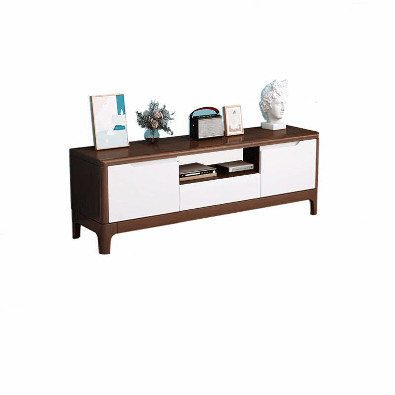 Art Deco Natural Wood TV Stand with 2 Drawers, 2 Cabinets, and Visible Storage thumbnail 4