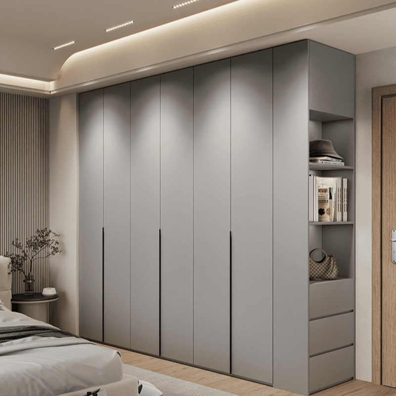 Dove Grey Minimalist Manufactured Wood Wardrobe Closet with Compartments, Soft Close Door, Interior Shelves, and Clothing Rod thumbnail 1