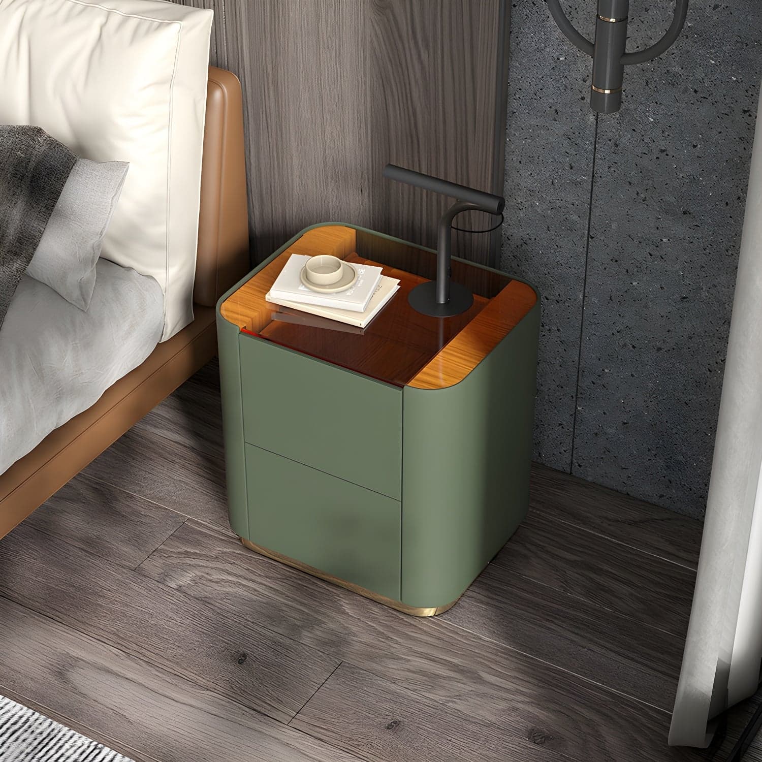 Wooden Nightstand with Tempered Glass 21.65" Tall 2 - Drawer Nightstand thumbnail 1