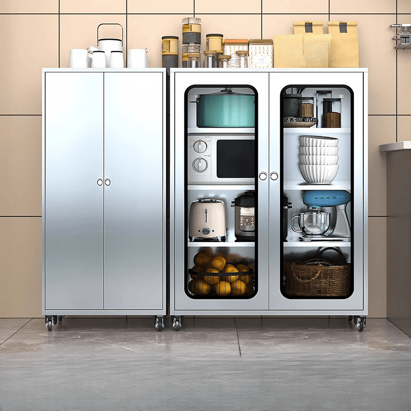 Metallic Sideboard on Roller Wheels with Stainless Steel Countertop