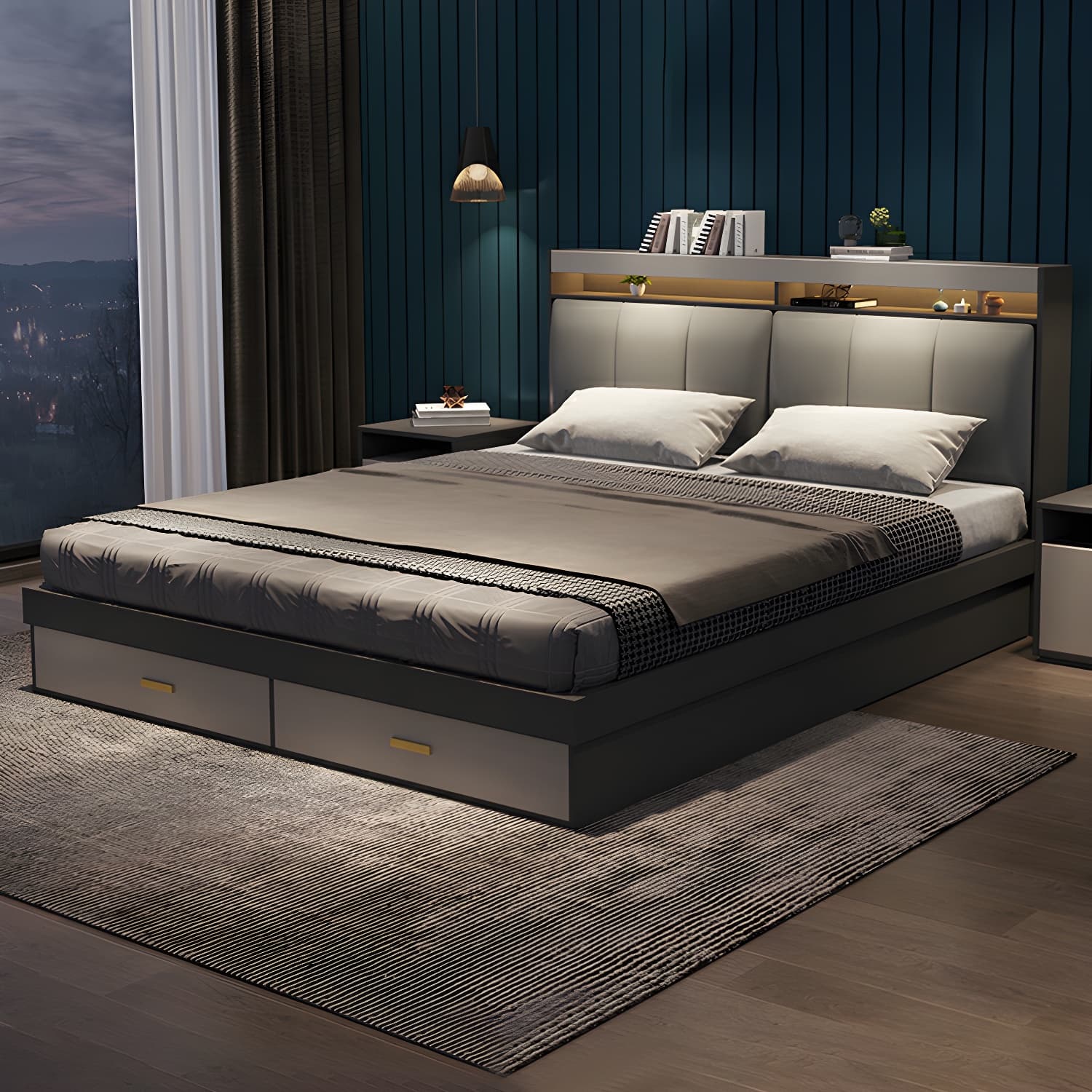 Modern Upholstered Headboard Bed with Storage and Patchwork Design thumbnail 5