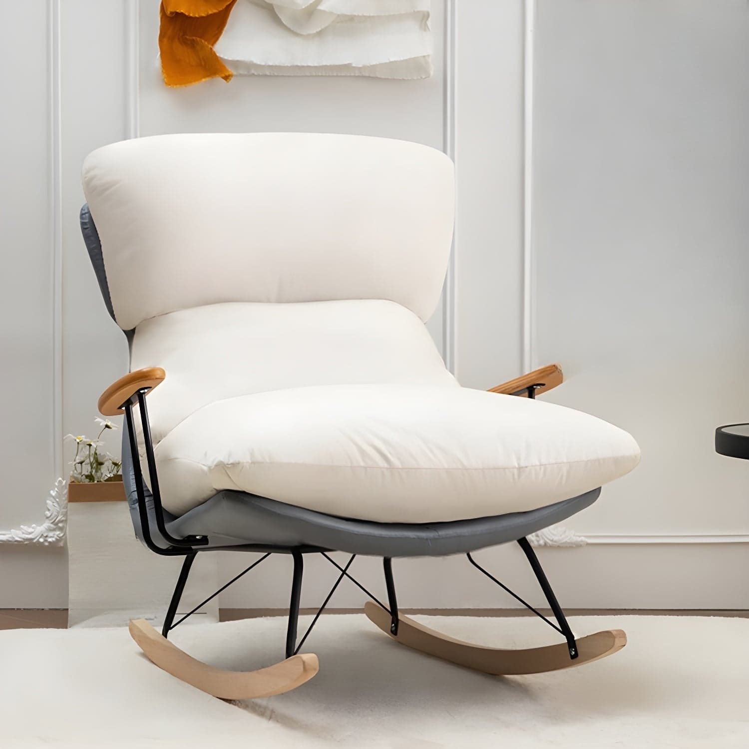 Scandinavian Indoor Upholstered Rocking Chair with Track Arms and Natural Wood Legs thumbnail 2
