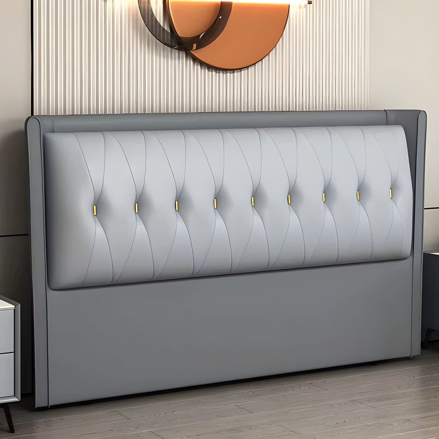 Contemporary Headboard Bed with Tufted Leather Upholstery in Rectangular