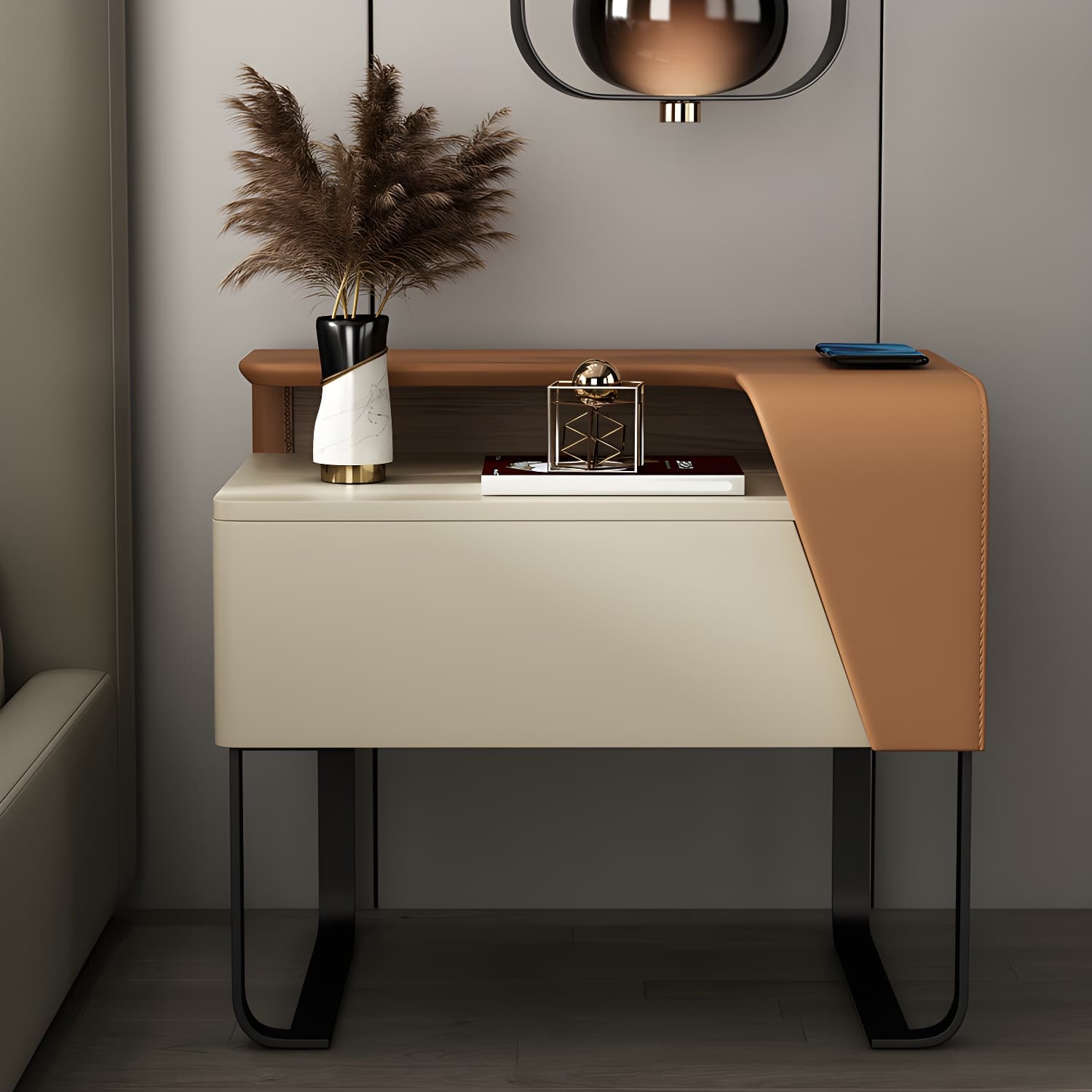 Modern Wooden Nightstand 19" Tall Sled Bedside Cabinet with Drawer thumbnail 10