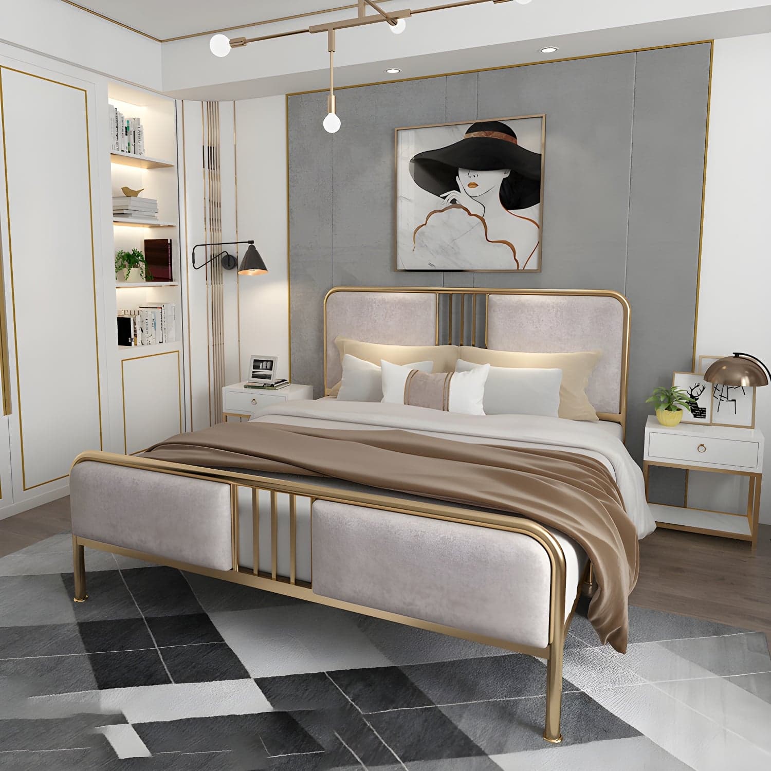 Glam Metallic Open-Frame Bed with Fabric Upholstered Headboard thumbnail 2